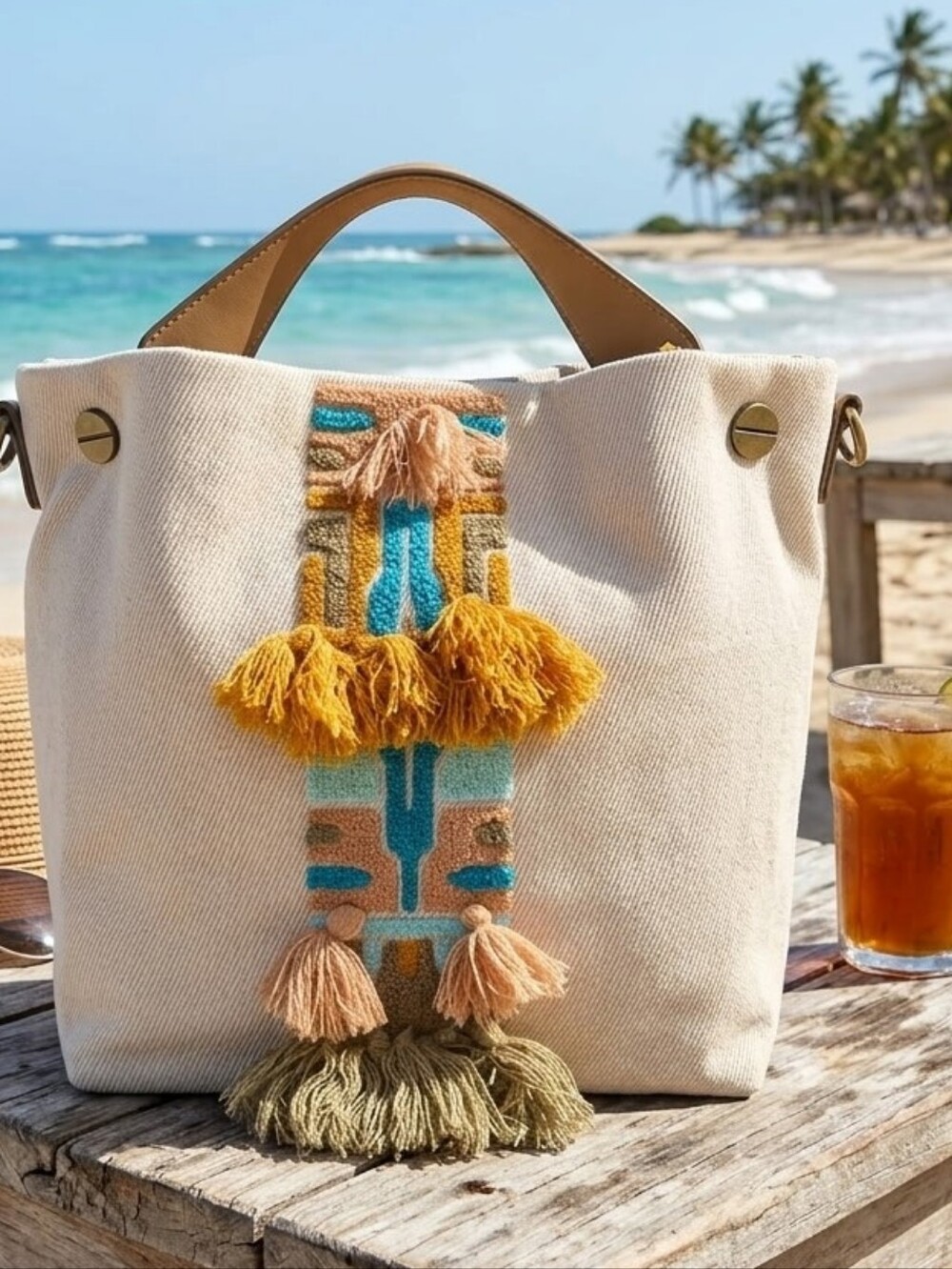 Cream Canvas Tote Bag with Multicolor Tassel Accent